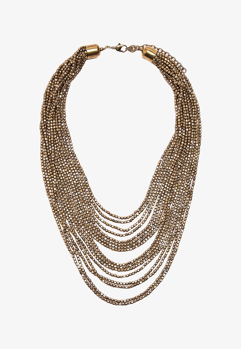 Złoty naszyjnik wielowarstwowy składający się z małych, połączonych koralików o gładkim wykończeniu; posiada zapięcie oraz metalowe akcenty dla bezpiecznego zamknięcia.