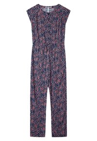 Navy blue floral jumpsuit with short sleeves, featuring a relaxed fit, elastic waistband, and small pink and white floral patterns throughout.