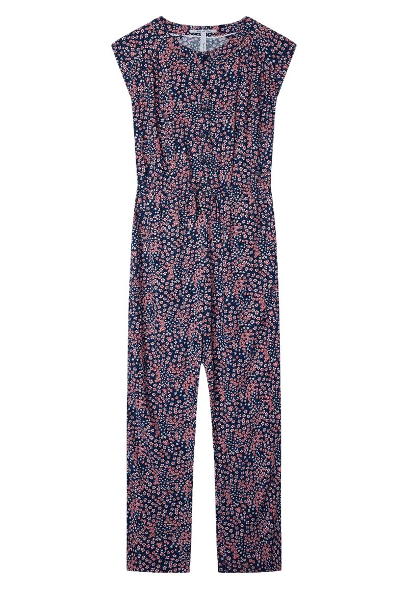 Navy blue floral jumpsuit with short sleeves, featuring a relaxed fit, elastic waistband, and small pink and white floral patterns throughout.