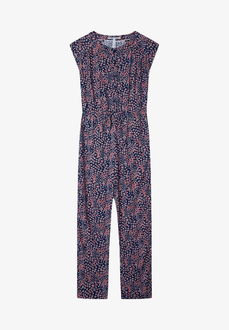 Kombinezon w kolorze granatowym z krótkimi rękawami, o luźnym kroju, z elastycznym paskiem w talii oraz drobnymi, różowo-białymi kwiatowymi wzorami na całej powierzchni.