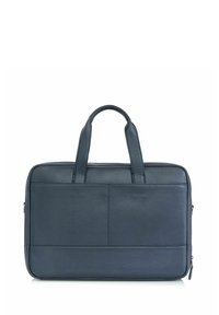Granatowa skórzana torba na laptopa z dwoma górnymi uchwytami, zapięciem na zamek, przednią kieszenią, gładką teksturą, prostokątnym kształtem i kontrastowym przeszyciem.