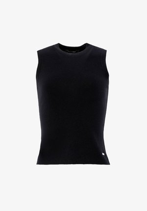Schwarzes ärmelloses Oberteil aus Strickstoff, mit rundem Halsausschnitt und schmaler Passform. Auffälliges kleines Logo-Detail an der Seite.