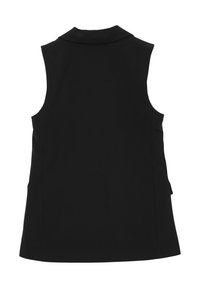 Gilet sans manches noir avec col, en tissu lisse. Design simple, dos sans ornement, ourlet droit, avec fentes sur les côtés en bas.