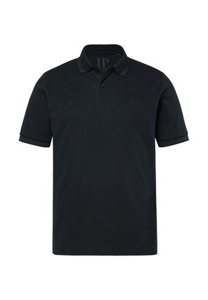 Czarna koszulka polo z krótkim rękawem, z dwoma guzikami i subtelnym logo "JP" na lewej piersi, z klasycznym kołnierzykiem.