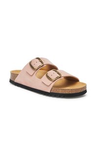 Rosa mockaläder slidessandaler med två justerbara remmar, guldspännen, en kork-mellansula och en texturerad svart gummisula.