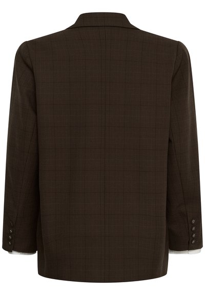 Blazer à carreaux marron foncé avec manches longues et détails de boutons aux poignets, montré de dos sur fond blanc.