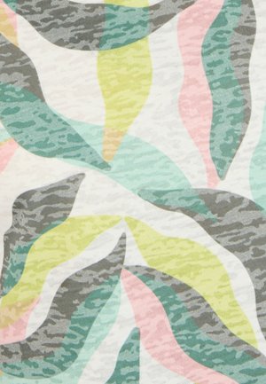 Motif abstrait de formes de feuilles allongées qui se chevauchent dans des tons pastel atténués verts, jaune, rose, gris et blanc avec des détails texturés subtils.