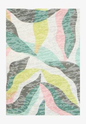 Motif abstrait de formes de feuilles allongées qui se chevauchent dans des tons pastel atténués verts, jaune, rose, gris et blanc avec des détails texturés subtils.
