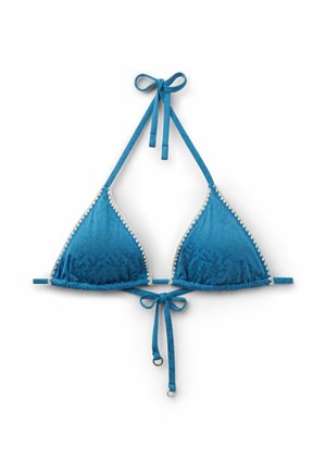 Blaues Triangel-Bikinioberteil mit weißem Besatz und Bändern am Nacken und Rücken, mit dezentem Blattmuster und kleinen Metallringen an den Bändern.