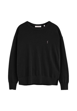 Schwarzer Langarm-Pullover mit Rundhalsausschnitt, Rippbündchen und Saum, mit kleinem besticktem Polo-Spieler-Logo auf der linken Brust.