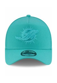 Turquoise baseball cap made of fabric with an adjustable back. Features an embroidered dolphin logo surrounded by sunburst detailing.