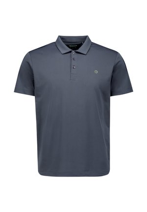 Donkergrijs poloshirt met korte mouwen, drie knopen en een klein zeshoekig logo op de linkerborst.