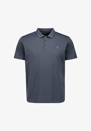 Donkergrijs poloshirt met korte mouwen, drie knopen en een klein zeshoekig logo op de linkerborst.