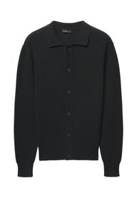 Schwarzer Strickcardigan mit Kragen, Knopfleiste vorne sowie gerippten Bündchen und Saum. Weiche Textur mit klassischer Passform.