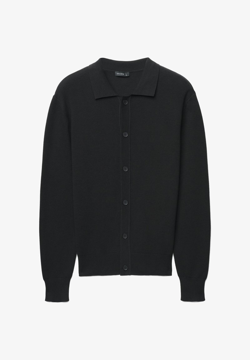 Schwarzer Strickcardigan mit Kragen, Knopfleiste vorne sowie gerippten Bündchen und Saum. Weiche Textur mit klassischer Passform.