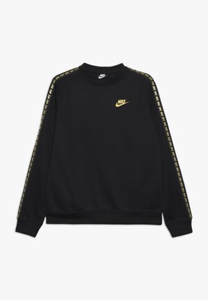 Sort langærmet Nike sweatshirt med gyldent Nike-logo på brystet og gyldent Nike-tekst ned langs ærmerne.