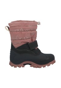 Botas de nieve negras a prueba de agua con parte superior fruncida en color rosa, correa de Velcro y suelas de goma texturizadas para mayor tracción.