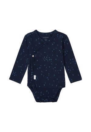 Granatowy bodysuit z długim rękawem i krojem typu wrap, ozdobiony małym nadrukiem ptaków w jaśniejszym odcieniu niebieskiego, z zatrzaskami i miękkim materiałem bawełnianym.