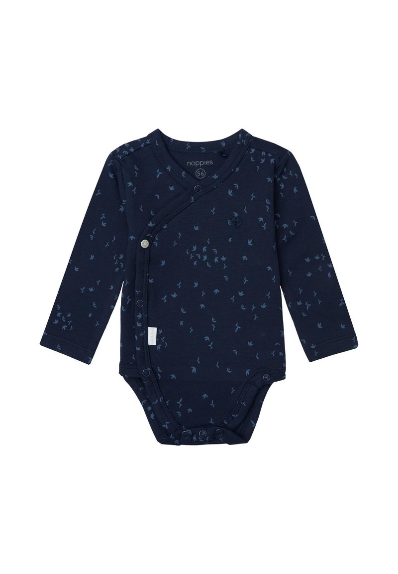 Mörkblå långärmad bodysuit med inslag av omslag, har ett litet fågelmönster i ljusare blått, tryckknappar och mjukt bomullsmaterial.
