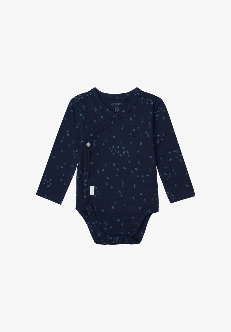 Granatowy bodysuit z długim rękawem i krojem typu wrap, ozdobiony małym nadrukiem ptaków w jaśniejszym odcieniu niebieskiego, z zatrzaskami i miękkim materiałem bawełnianym.