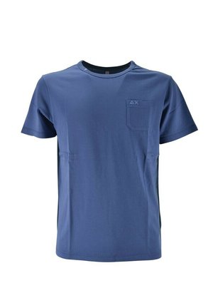 T-shirt da uomo blu navy a maniche corte con collo a giro e taschino sul petto con sottili simboli ricamati.