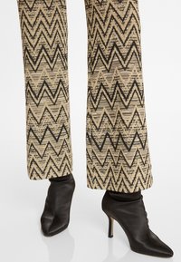 Pantalons à motifs zigzag beiges et noirs associés à des bottines à bout pointu en noir, à talons hauts et fins, avec une texture lisse.