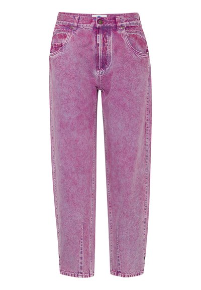 Jeans din denim roz cu o croială relaxată, având talie înaltă, cinci buzunare și o ușoară decolorare în textură. Accente din metal.