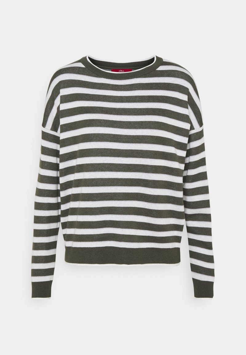 Pull à manches longues avec rayures horizontales vert foncé et blanches et col rond, présenté sur fond blanc.