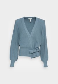 Cardigan lavorato a maglia blu chiaro con scollo a V profondo, maniche lunghe e dettaglio di fiocco frontale. Presenta una texture a costine e polsini larghi.