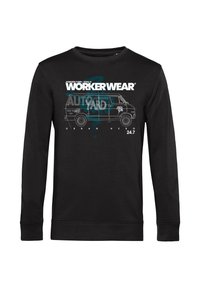 Svart sweatshirt med lång ärm som har en grafisk design av en skåpbil och texten: "WORKER WEAR" och "AUTOS YARD," i vitt och teal-accenter.