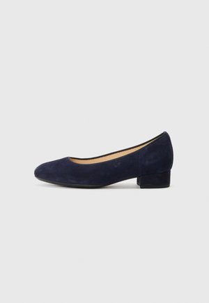 Navy suede ballet flats with a rounded toe, low block heel, and a smooth, textured surface. Includes a flexible rubber outsole.