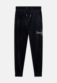 Črne žametne trenerke z elastičnim pasom in vrvico, ki imajo stranske žepke in logo "Juicy", okrašen z rhinestones.