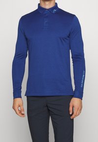 Modrá polokošile s dlouhým rukávem, s límečkem, třemi knoflíky a logem na límci a rukávu. Hladký, lehký materiál.