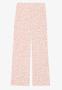 Pantaloni palerosa a gamba larga con motivo a stampa leopardata bianca e vita elasticizzata, poggiati piatti su uno sfondo bianco.