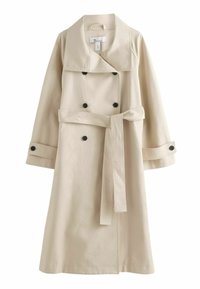 Beige trenchcoat med dobbeltradet design, stor krave, sorte knapper og et matchende bælte i taljen. Glat, letvægtsstof.