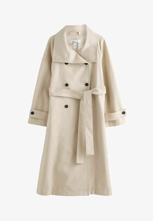 Bež trench coat kahekordse nööbiga, suure kraega, mustade nööpide ja sobiva vöökohaga sisuga. Sile, kergesti voolav kangas.