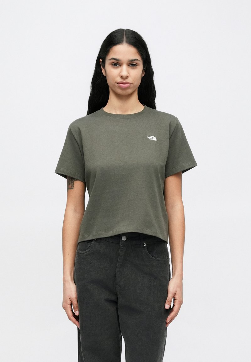 Olive green short-sleeve T-shirt made of cotton, featuring a crew neck and a small white logo on the left chest.