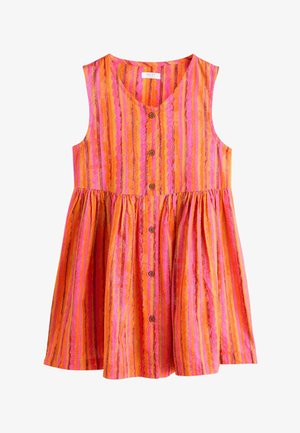 Ärmelloses Kleid mit pinken, orangefarbenen und gelben vertikalen Streifen, rundem Ausschnitt, Knopfleiste vorne und geraffter Taille.