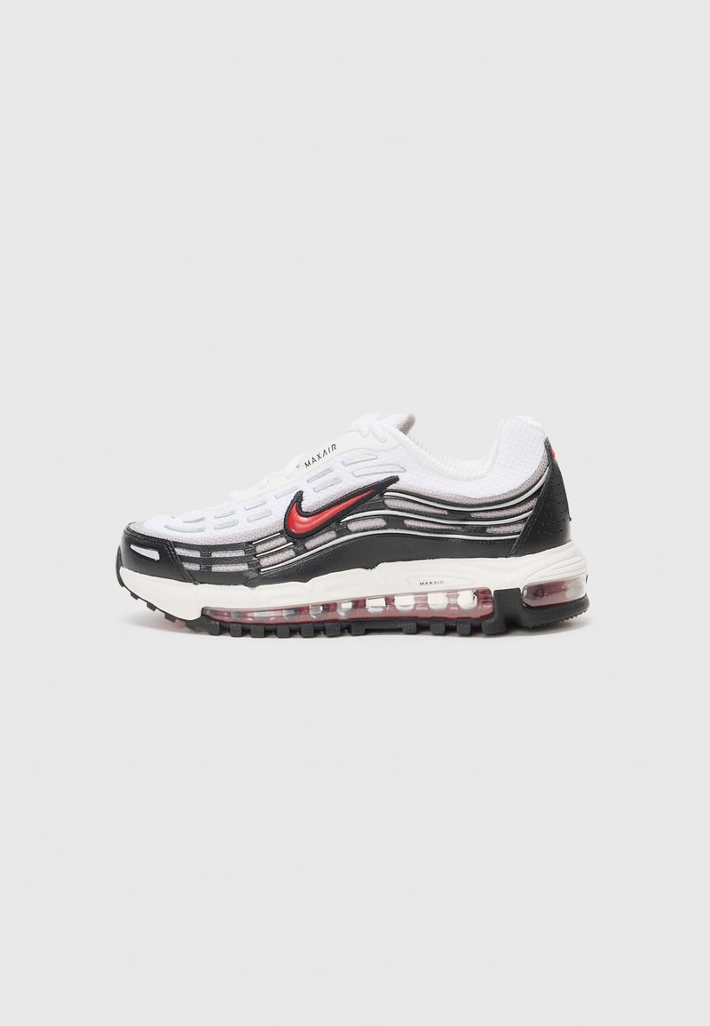 Bijela Nike Air Max tenisica s crno-crvenim dizajnom, koja ima vidljivu zračnu jedinicu, gornji dio od mrežice i obrasce na potplatu. Glatka tekstura, sportski izgled.