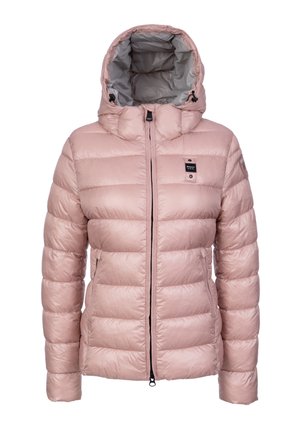 Giacca imbottita rosa chiaro con cappuccio, cerniera frontale, due tasche laterali e piccola etichetta del marchio sul petto e sulla manica.