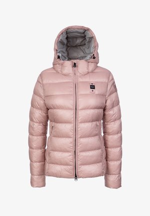 Hellrosa gesteppte Jacke mit Kapuze, Frontreißverschluss, zwei Seitentaschen und kleinem Markenpatch auf Brust und Ärmel.