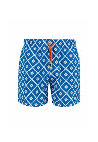 Shorts da nuoto blu con un motivo geometrico a diamante in bianco e arancione, dotati di una cintura elastica e un cordoncino arancione regolabile.