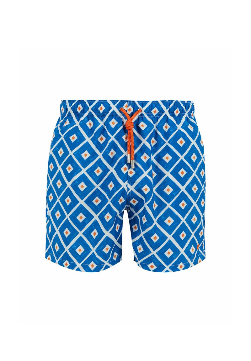 Shorts da nuoto blu con un motivo geometrico a diamante in bianco e arancione, dotati di una cintura elastica e un cordoncino arancione regolabile.