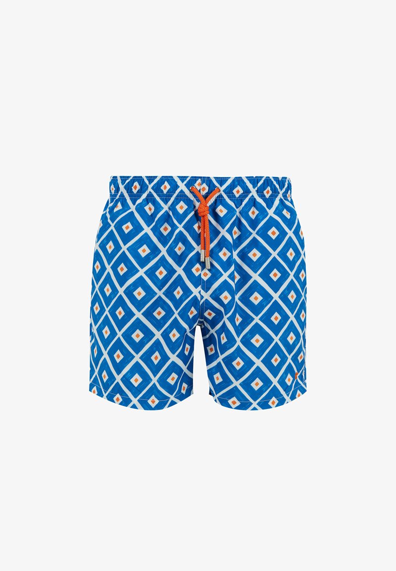 Shorts da nuoto blu con un motivo geometrico a diamante in bianco e arancione, dotati di una cintura elastica e un cordoncino arancione regolabile.