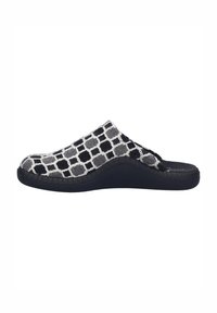 Grey and black slip-on slippers with a textured grid pattern, featuring a black sole and a plush upper material for comfort.