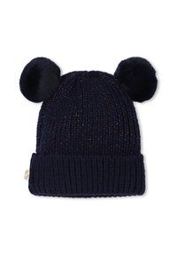 Πλεκτό navy σκουφάκι με ριγέ μανσέτα, διακοσμημένο με δύο αφράτα πομ-πομ στην κορυφή και λεπτές πολύχρωμες πινελιές σε όλο το ύφασμα.