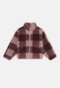 Kindgerechte Fleecejacke mit Reißverschluss und hohem Kragen im pinken und dunkelbraunen Karomuster sowie seitlichen Taschen.
