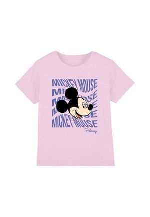 Pink cotton t-shirt featuring a large black and white Mickey Mouse graphic surrounded by repeated text "MICKEY MOUSE" in blue.