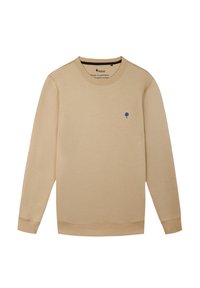Felpa in cotone beige con maniche lunghe, polsini e orlo a costine, caratterizzata da un piccolo logo di un albero blu sul petto. Design semplice con collo rotondo.