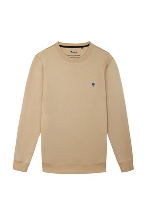 Beige Baumwoll-Sweatshirt mit langen Ärmeln, gerippten Bündchen und Saum, ausgestattet mit einem kleinen blauen Baum-Logo auf der Brust. Einfaches Rundhals-Design.